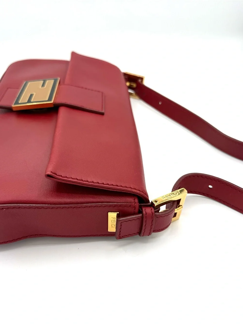 Fendi Red Leather Baguette Shoulder Bag with Gold Hardware